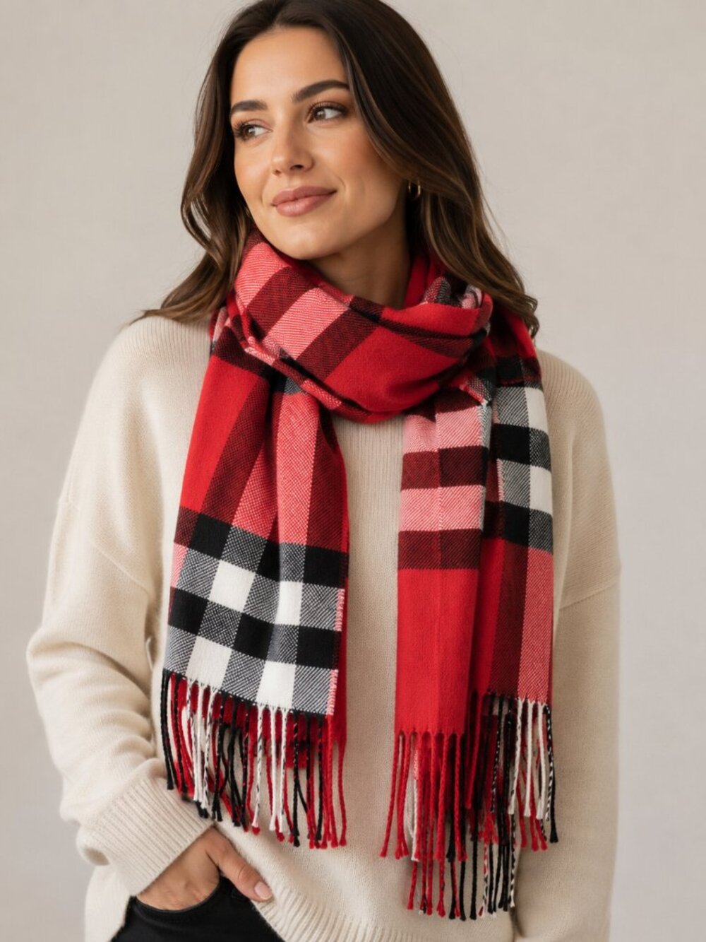 Plaid Cashmere Scarf - Red, charcoal, black, white